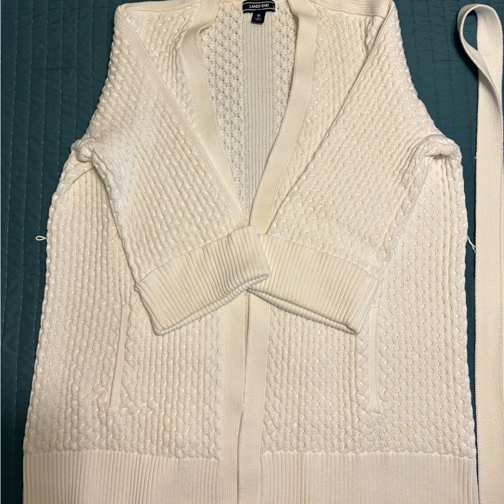Lands' End White Cardigan Sweater with Cable Knit